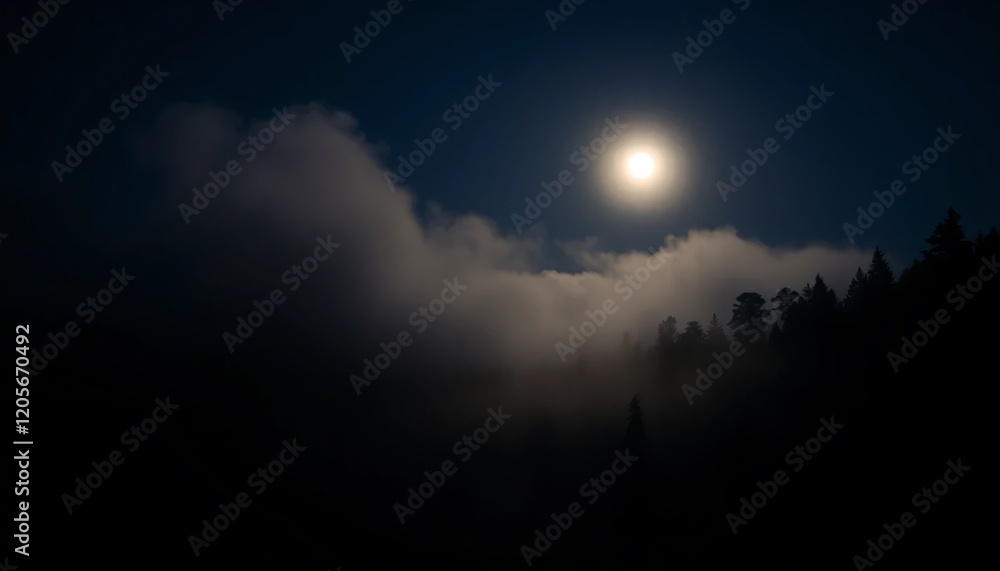 Night view with a full moon shining softly through the thick fog in the forest Night view with a full moon shining softly through the thick fog in the forest