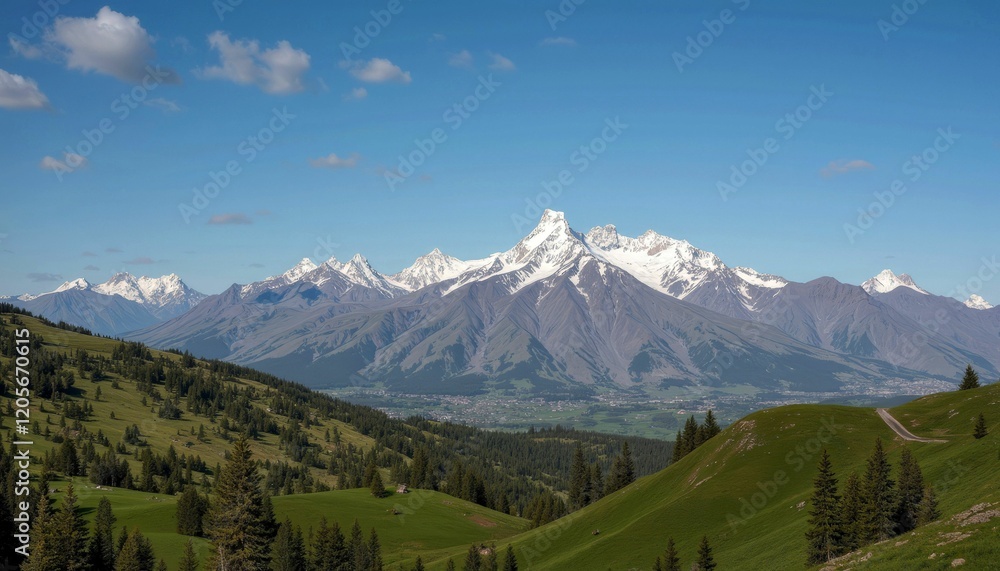 Fototapeta premium Majestic Mountain Range with Green Valley Landscape