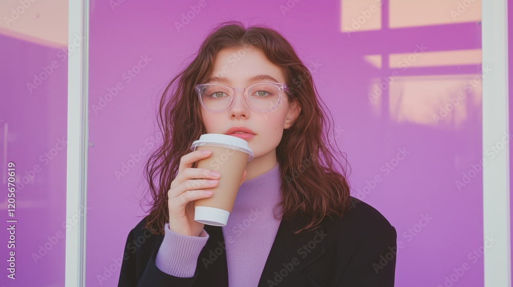 Girl enjoying coffee at a vibrant coffee shop window with retro vibes Girl enjoying coffee at a vibrant coffee shop window with retro vibes