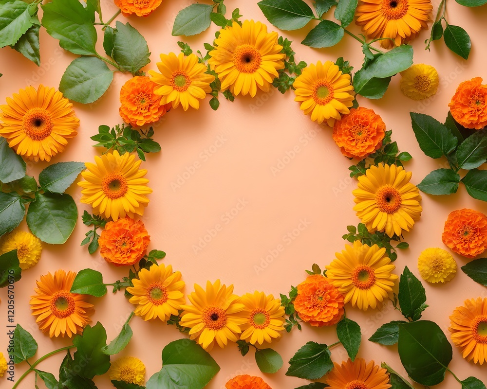 Fototapeta premium Floral arrangement with yellow and orange flowers on a peach background