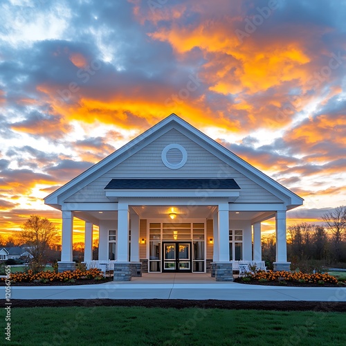 Elegant community center glowing under twilight hues.