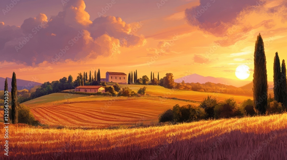 Fototapeta premium Beautiful Italy nature countryside landscape; farm field and cypress trees over sunset sky