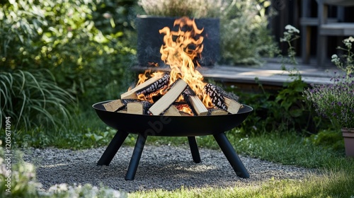 burning firewood in a brazier in the garden, fire flames outdoors