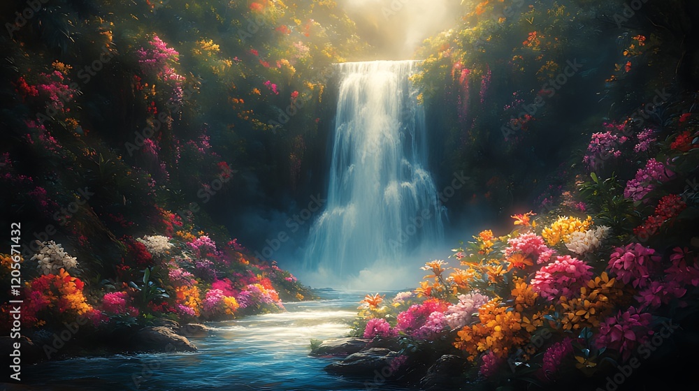 Fototapeta premium Waterfall cascading amidst vibrant flowers, jungle backdrop, serene nature scene, wallpaper