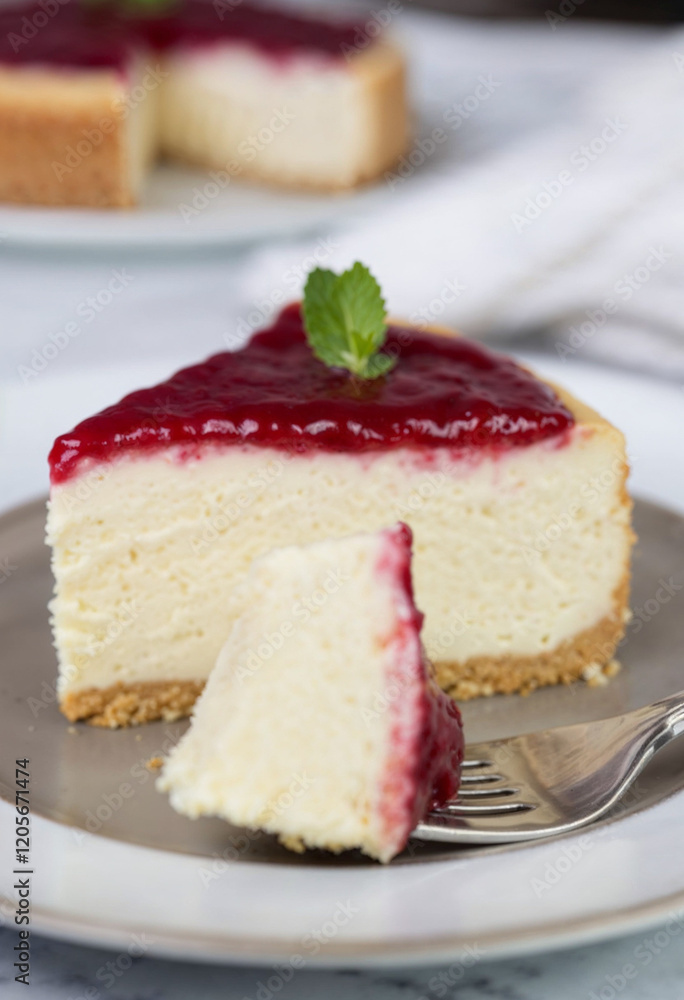 Classic Cheesecake with Red Glaze and Fresh Mint Leaf Classic Cheesecake with Red Glaze and Fresh Mint Leaf