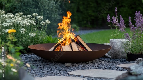 burning firewood in a brazier in the garden, fire flames outdoors