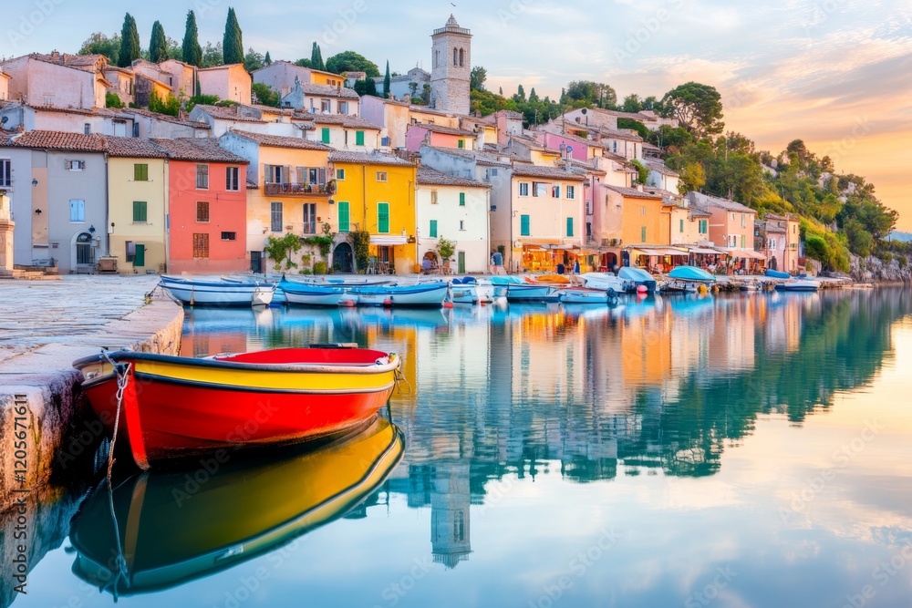 Fototapeta premium A luxury yacht moored in a Mediterranean village, with charming pastel buildings and a bustling marketplace nearby