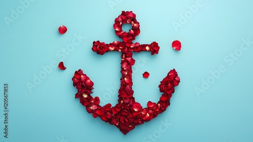 Floral anchor design created with rose petals against a blue background photo