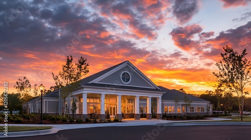 Classic architecture enhanced by golden sunset glow. photo