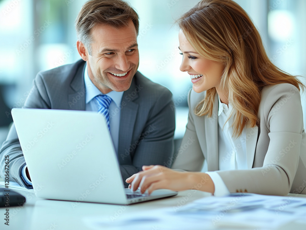 Two enthusiastic executives, a man and a woman, collaborating on a financial project at a meeting in their bright ambience office, working together on a laptop Two enthusiastic executives, a man and a woman, collaborating on a financial project at a meeting in their bright ambience office, working together on a laptop