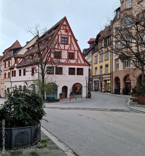 Old town of Nuremberg, with an old brick building in the center on a cold day in december