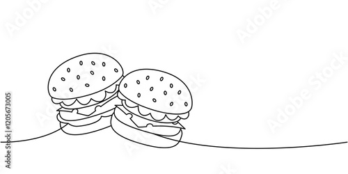 Two delicious homemade burgers one line continuous drawing. Traditional American fast food. Vector illustration.