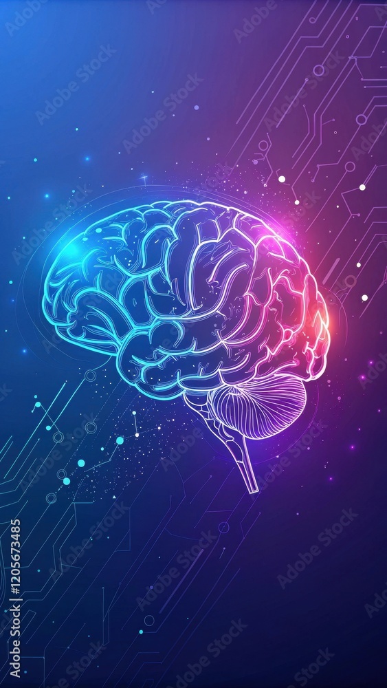 Stylized Glowing Brain Illustrating Connection to Technology Stylized Glowing Brain Illustrating Connection to Technology