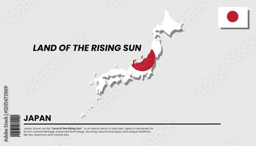 An isometric map of Japan with the colors of the national flag (red and white) overlaid, and a brief description of Japan