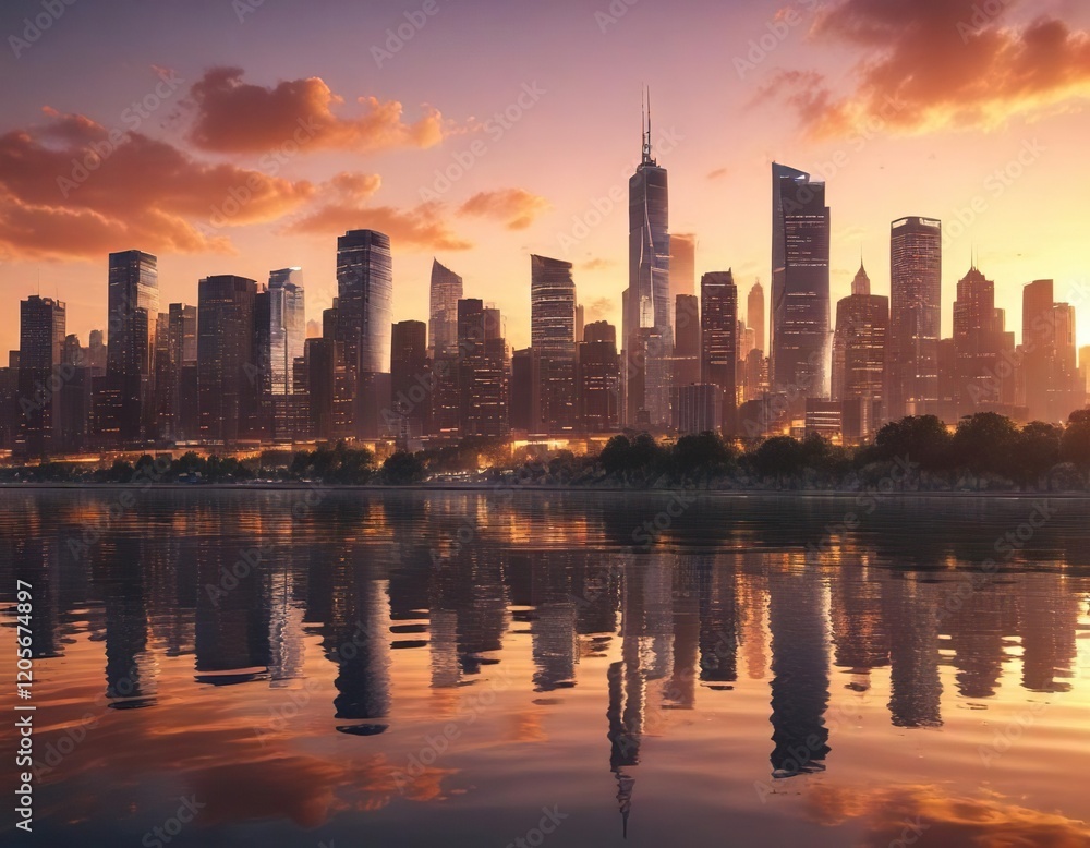 Fototapeta premium Sunset over city skyline with reflection on water, travel, panorama, skyline