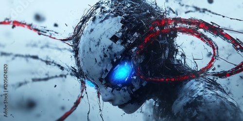 Dark Sci-Fi Scene of a Cyborg Battling Black Tendrils, 雪と闇に包まれたサイボーグ、黒い触手に抗う姿.Generative AI photo