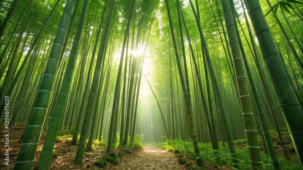 Obraz premium Sunlit Bamboo Path Winding Through Lush Green Grove