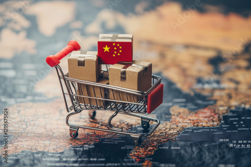 Miniature shopping cart with cardboard boxes featuring the Chinese flag on a world map, symbolizing global trade, e-commerce, and shipping logistics photo