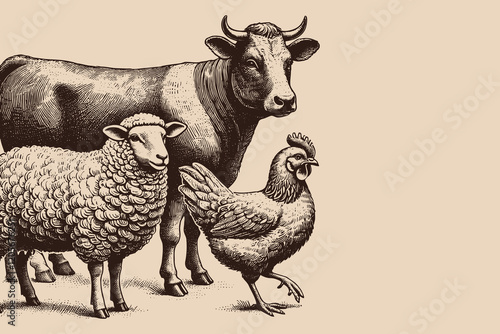 Vintage-style black-and-white engraving of chicken, sheep, and cow.