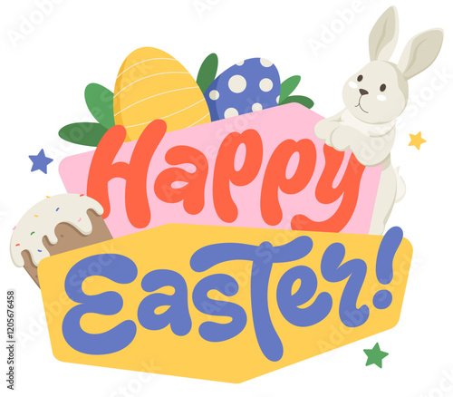 Lettering Happy Easter with eggs and toy bunny text