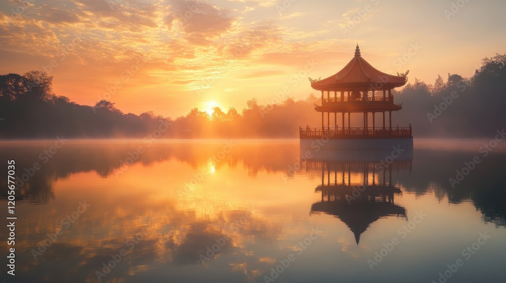A serene morning scene with a overlooking a calm lake, its reflection creating a stunning symmetrical view under the soft sunlight. A serene morning scene with a overlooking a calm lake, its reflection creating a stunning symmetrical view under the soft sunlight.