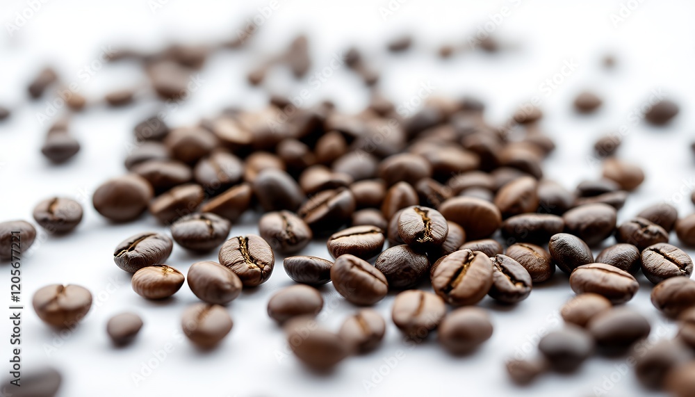 Roasted Coffee Beans Closeup: Aromatic Dark Brown Coffee Beans Scattered on White Background Roasted Coffee Beans Closeup: Aromatic Dark Brown Coffee Beans Scattered on White Background