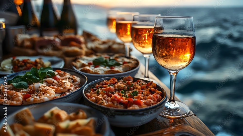 A table with a variety of food and drinks, including wine glasses A table with a variety of food and drinks, including wine glasses