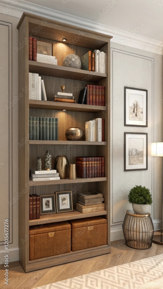 Fototapeta premium Tall Wooden Bookcase Displaying Books and Decor in Cozy Room