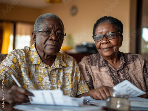 Within their home, a senior husband and wife are jointly assessing their financial documents. photo