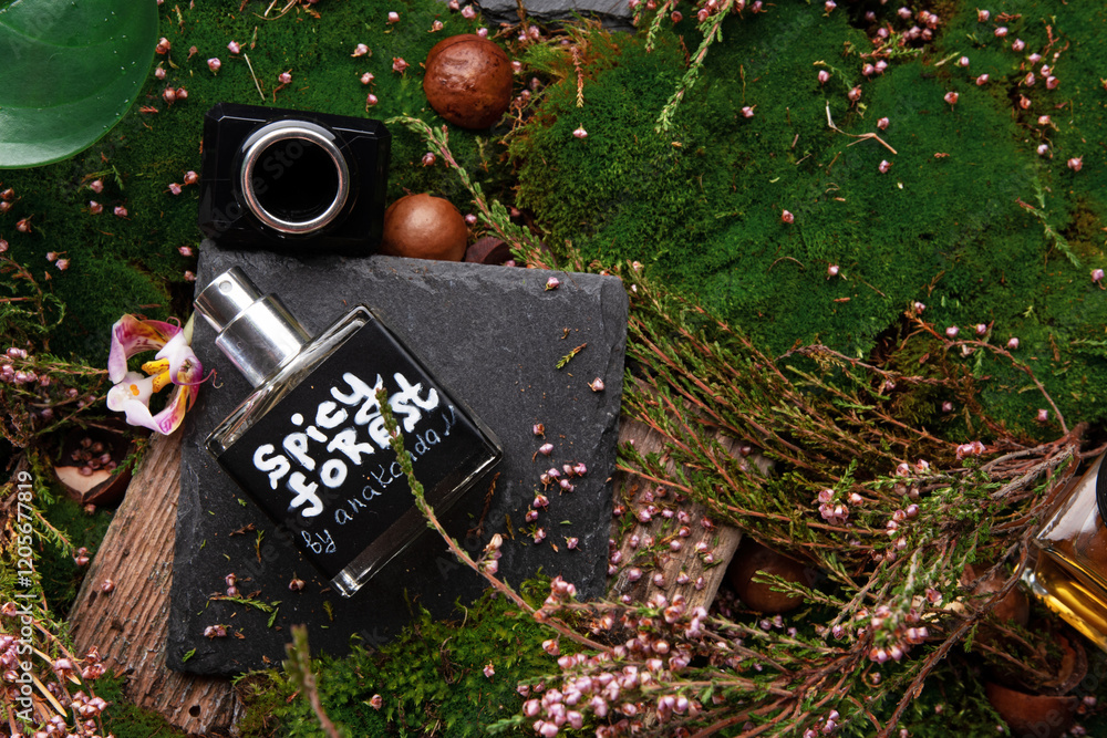 author selective perfume bottles around green moss, flowers and leaves . close up. perfumery concept