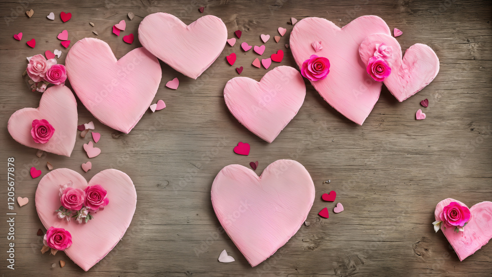 Fototapeta premium Colorful heart shapes and dried flowers create a romantic decoration on a wooden surface for a love-themed celebration