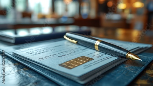 Elegant Fountain Pen Resting on Checks and Debit Card