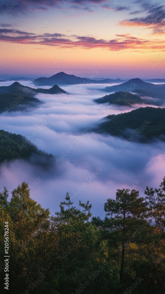 Breathtaking mountain landscape enveloped in a serene mist at sunrise. Breathtaking mountain landscape enveloped in a serene mist at sunrise.