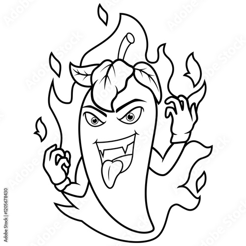 Cartoon angry chili pepper with tongue out line art