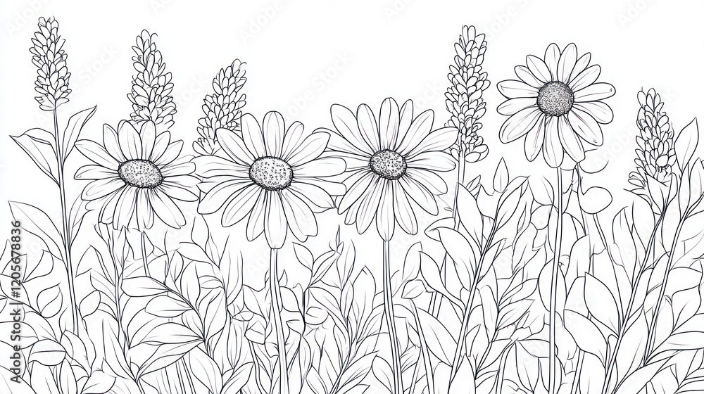 Fototapeta premium Soft, gentle line art of wildflowers, such as daisies and lavender, set against a simple backdrop of leaves and twigs for a serene coloring page experience