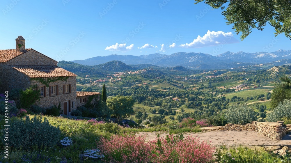 Naklejka premium Tuscan villa, scenic valley view, summer, travel brochure