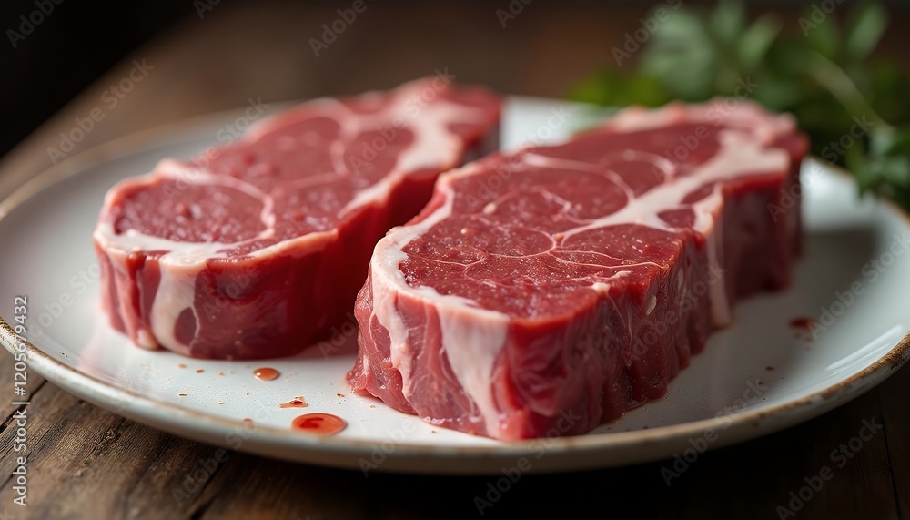 Closeup of Two Raw Ribeye Steaks Ready for Grilling on White Plate Closeup of Two Raw Ribeye Steaks Ready for Grilling on White Plate