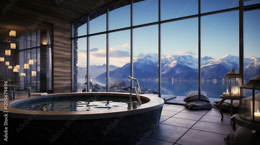 Obraz premium A photo of a spa bath with panoramic views.