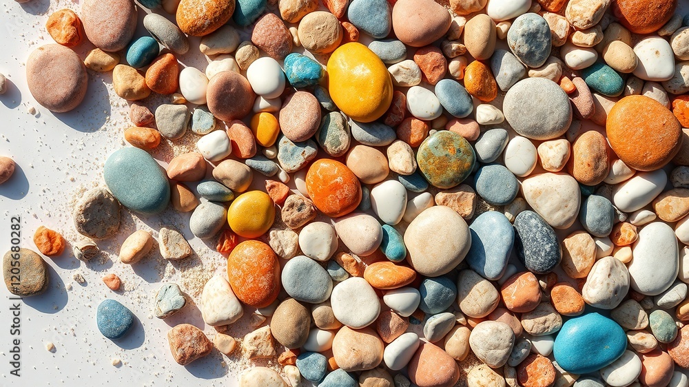 Colorful Sea Pebbles & Sand - Top View Colorful Sea Pebbles & Sand - Top View