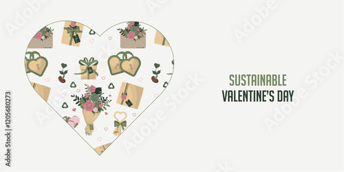 Sustainable Valentine's Day Heart Pattern banner. eco-friendly Valentine's seamless pattern.  Eco-friendly valentine's day. Ecological love. Flat style. Vector illustration. 