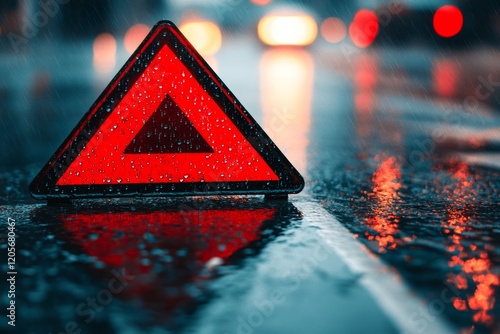 A yield sign photographed in the rain, with water droplets clinging to its surface and reflections on the wet pavement below photo