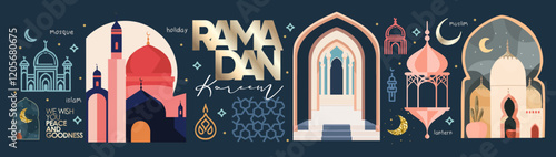 Ramadan kareem.Eid mubarak.Vector abstract illustration of mosque,crescent,oriental ornament,arch,column for greeting card, poster, background or invitation