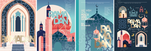 Ramadan kareem. Eid mubarak.Vector abstract illustration of mosque,crescent,oriental ornament,arch,column for greeting card, poster, background or invitation