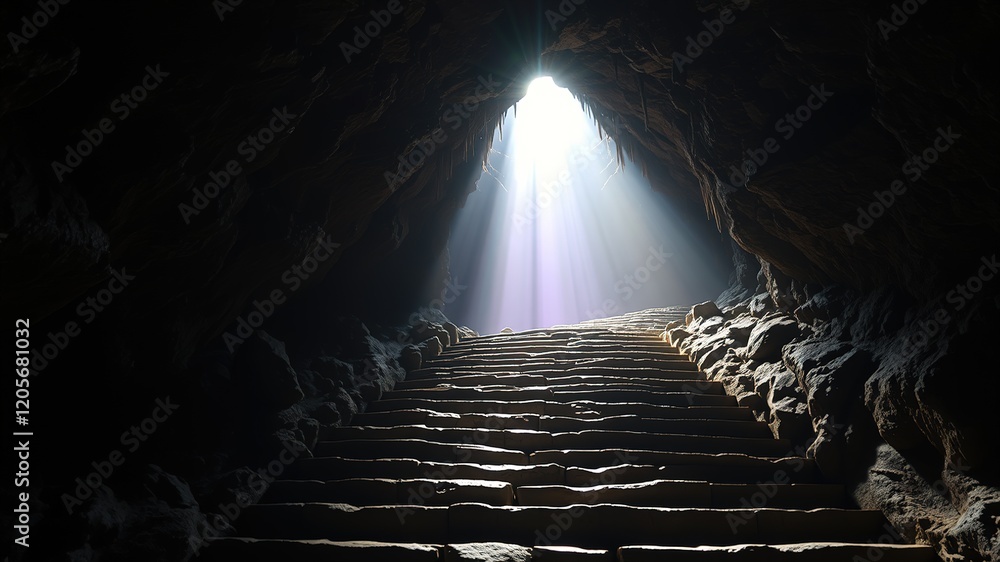 Obraz premium Dark Cave Staircase Entrance Light, Epic Cave Scene, High Detail
