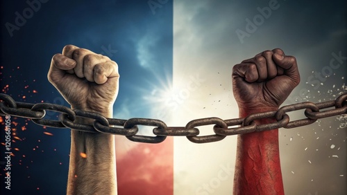 Two Fists Breaking Free from Chains Against French Flag