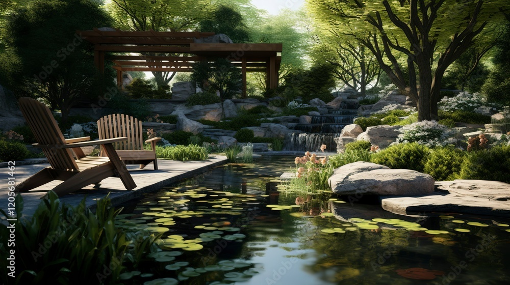 Obraz premium A photo of a spa garden with a reflective pond.