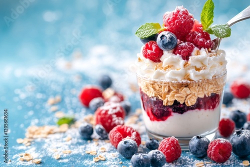 A yogurt container with a spoonful lifted above it, showing the creamy texture and a hint of fruit in the mix photo