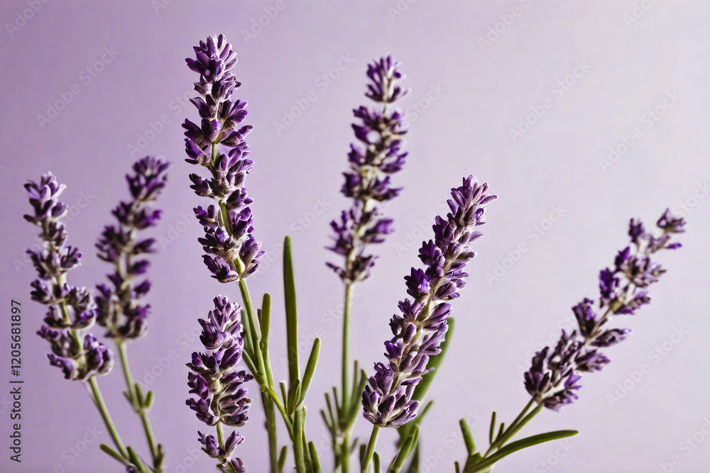 Fototapeta premium Several sprigs of lavender flowers with bright purple blooms on a light purple background. The lavender flowers look fresh and stand tall with slender green leaves. 