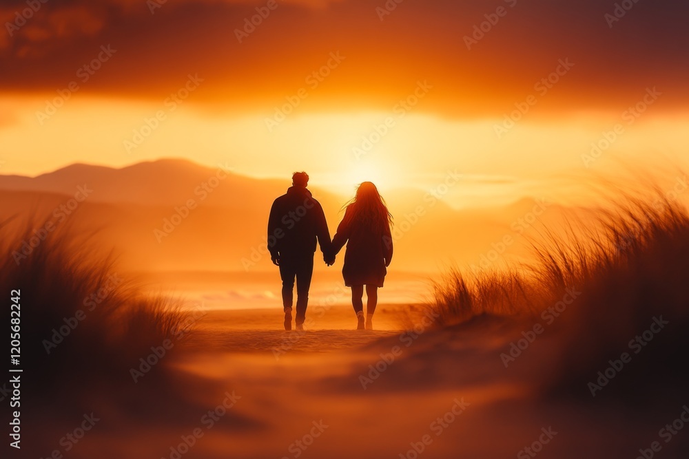 A young couple holding hands while walking along a sandy beach at sunset, their shadows stretching behind them A young couple holding hands while walking along a sandy beach at sunset, their shadows stretching behind them