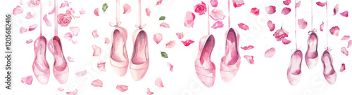 Isolated white background with pink pointe shoes, a bow, and a flower; watercolor hand drawn illustration; can be used for cards or posters